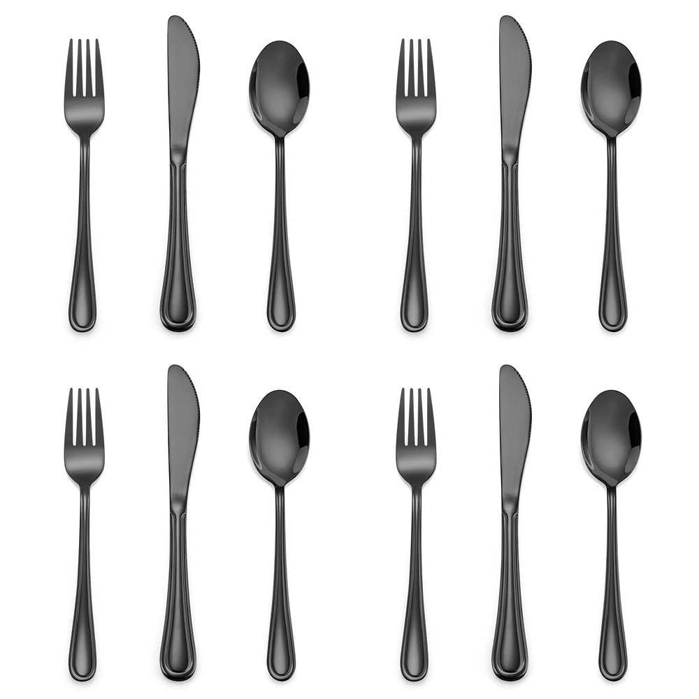 E-far 12-piece black kids silverware set packaged for gifting and storage
