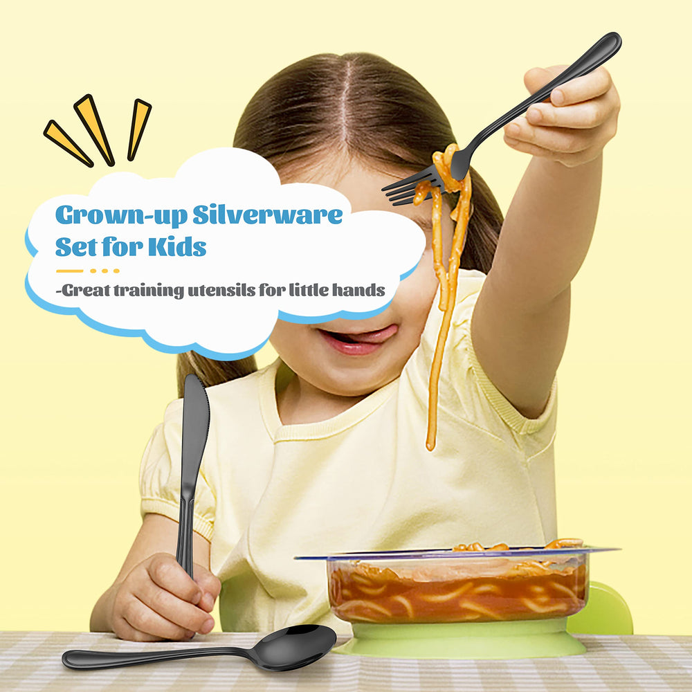 E-far black kids silverware set with forks, spoons, knives for kid-friendly meals