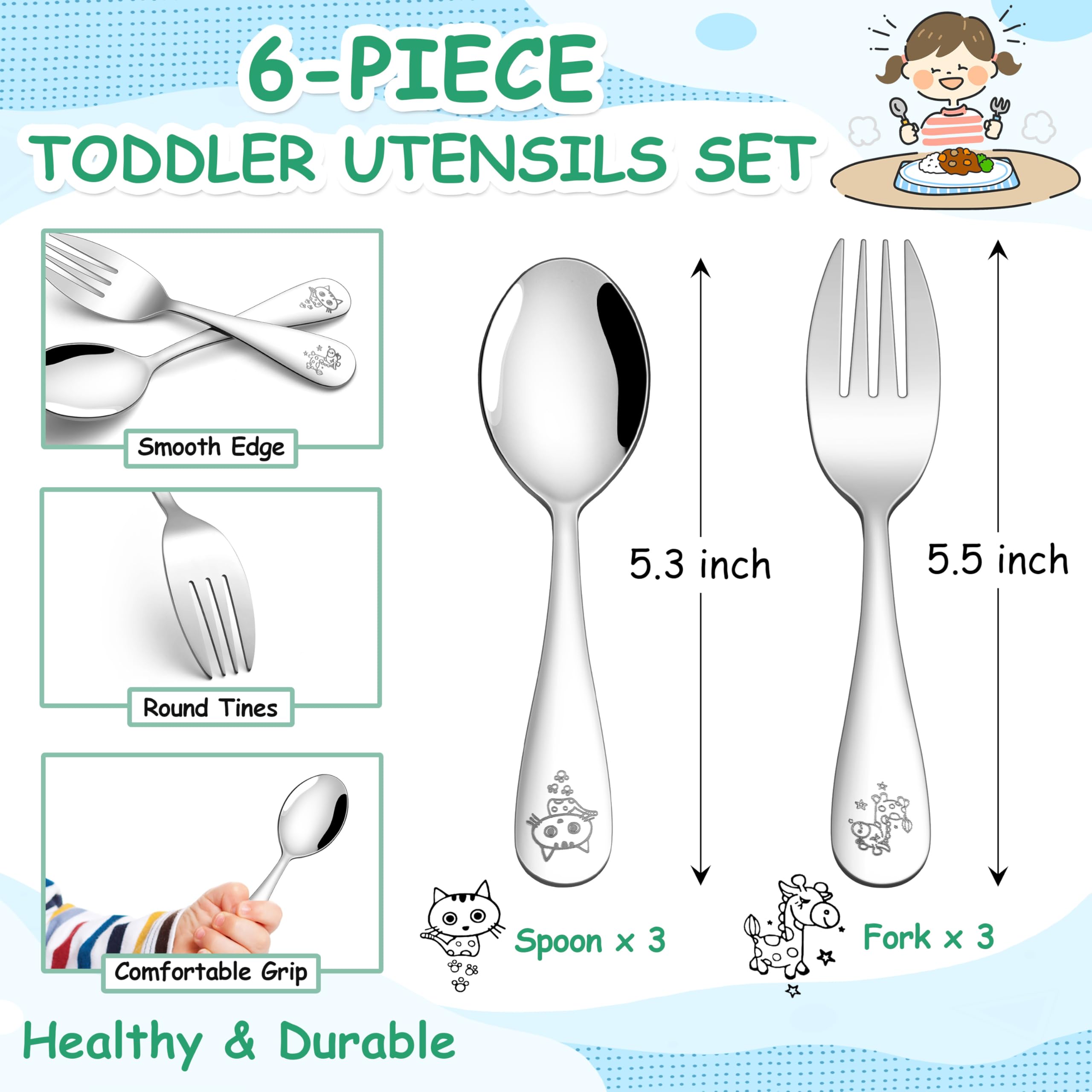 E-far spoons and forks, 3 each, with giraffe and cat patterns for fun mealtime