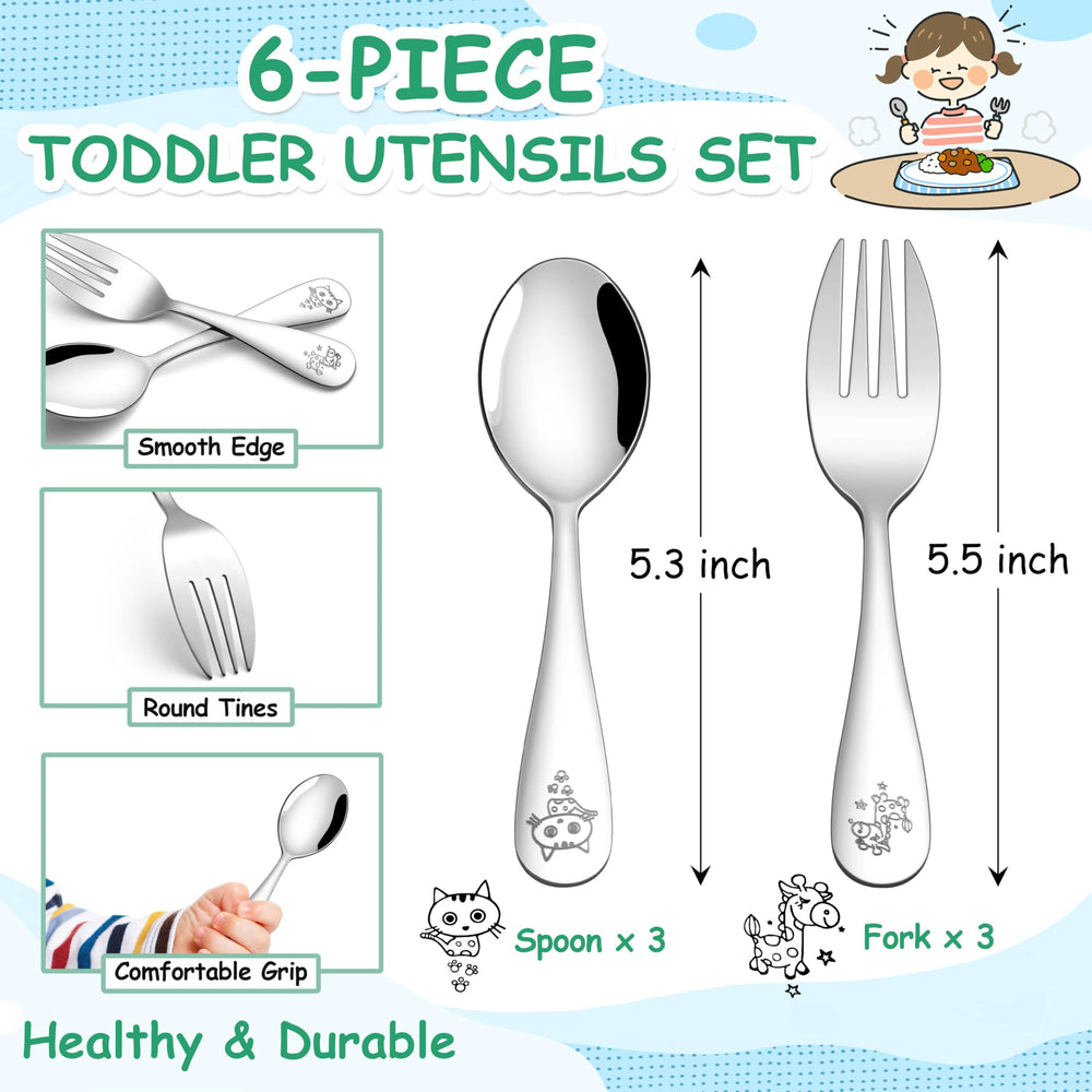 E-far spoons and forks, 3 each, with giraffe and cat patterns for fun mealtime