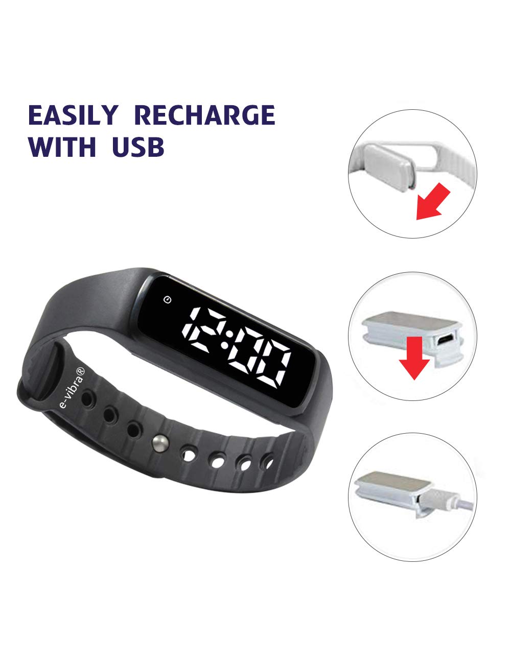 e-vibra 8 Alarm Watch shows alarm setup for routine reminders.