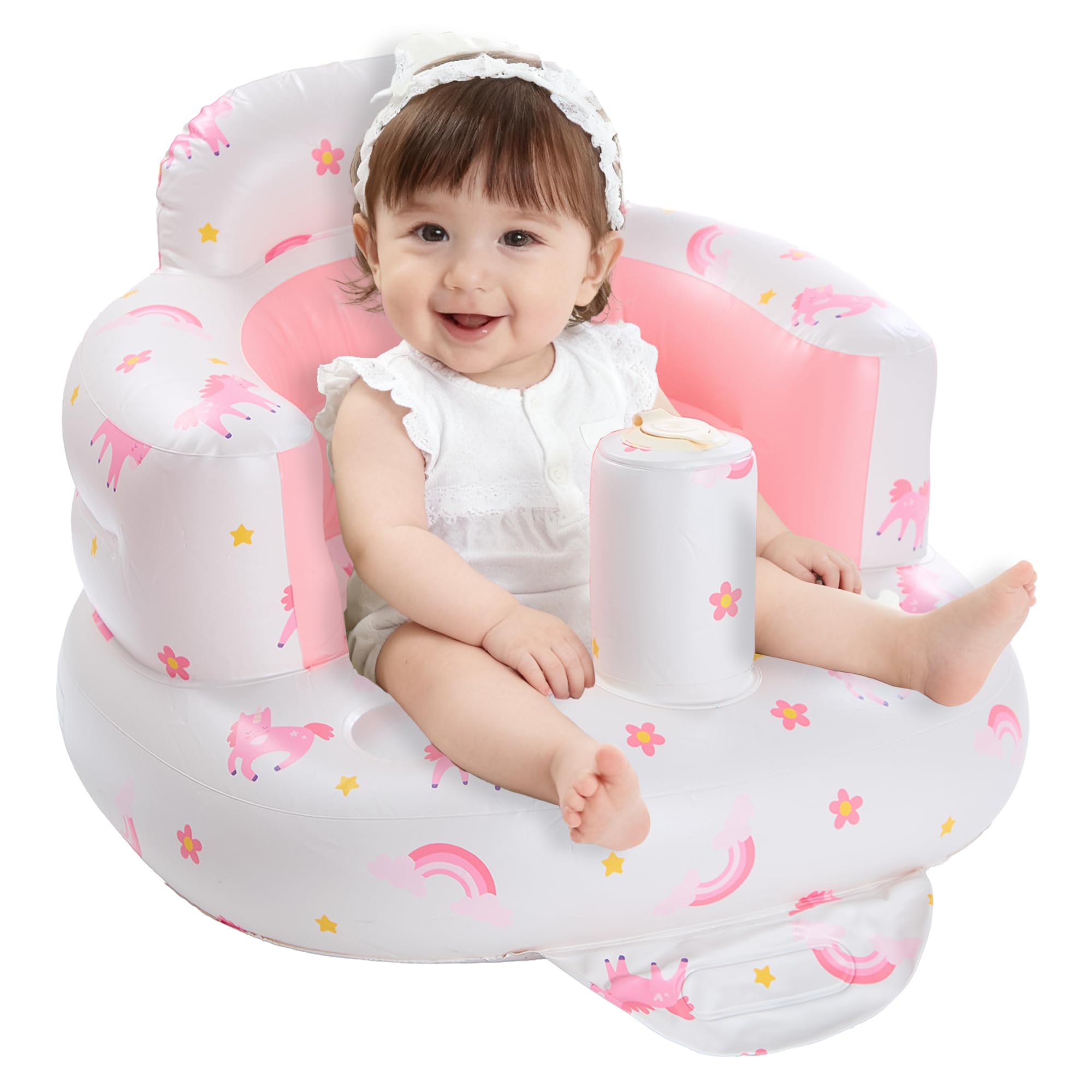 E1F1NN DOT unicorn inflatable baby seat with pump for quick setup during travel.