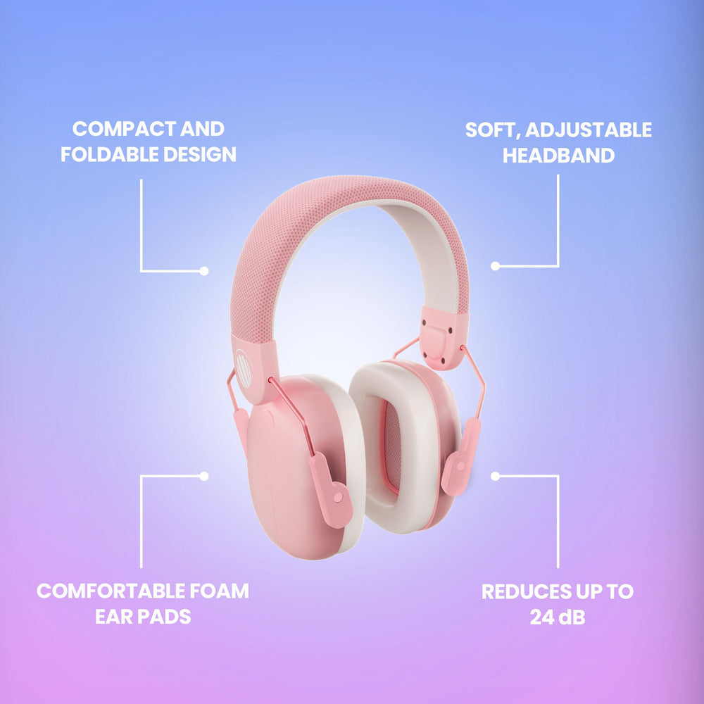 Eargasm Kids Earmuffs Pink 19 dB NRR reduces noise at concerts and games