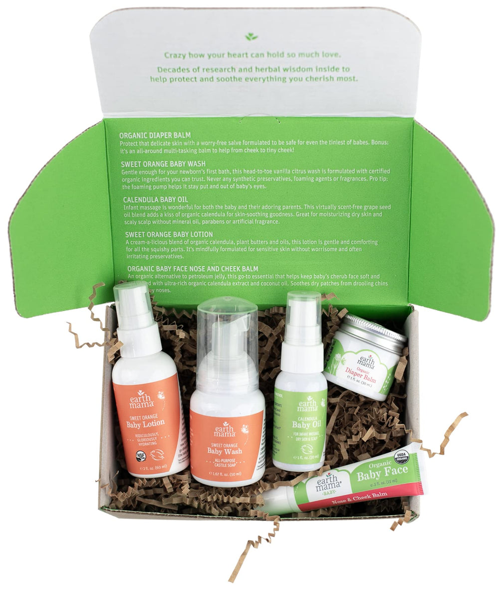 Earth Mama gift box ready for a baby shower, five organic care items displayed