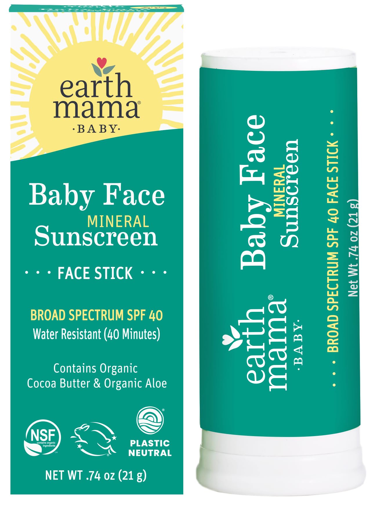 Earth Mama Baby Face Mineral Sunscreen Stick SPF 40 packaging showcases family-friendly sun care.