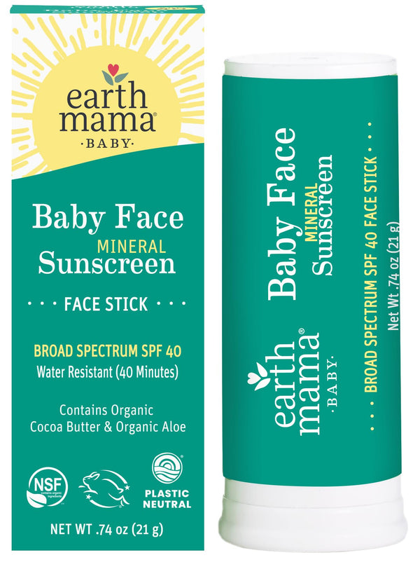 Earth Mama Baby Face Mineral Sunscreen Stick SPF 40 packaging showcases family-friendly sun care.