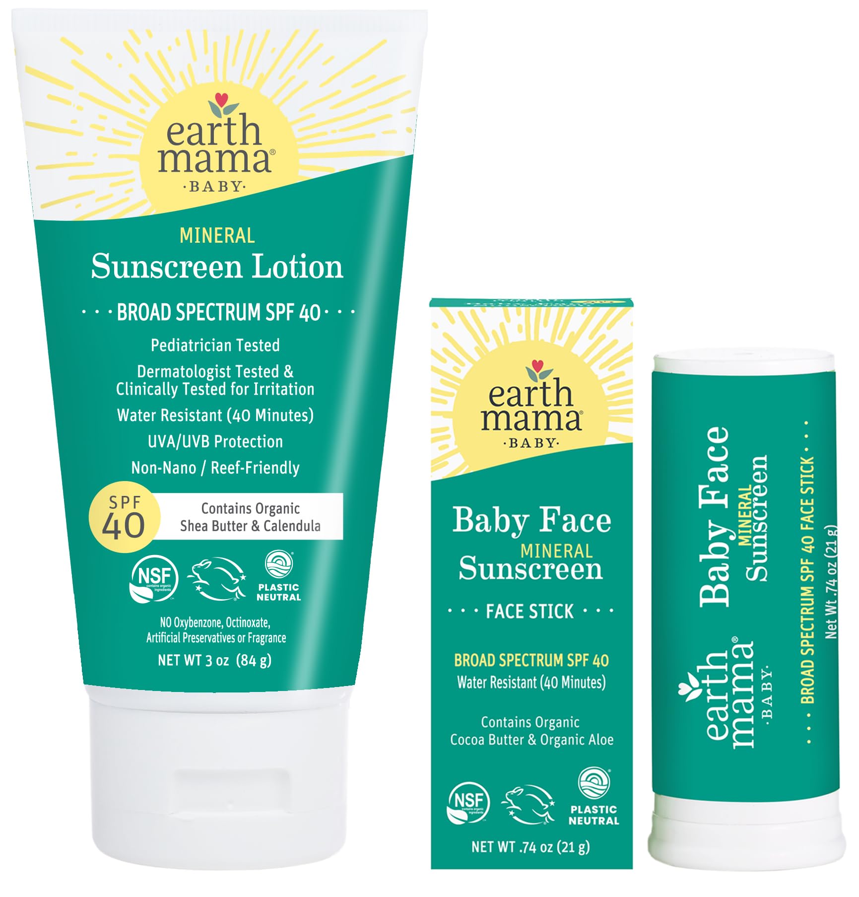 Earth Mama Baby Face sunscreen stick on a child’s face for SPF 40 protection.
