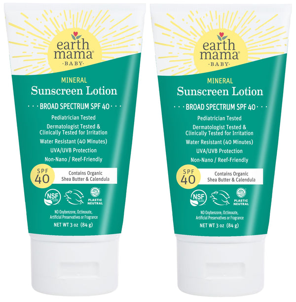 Earth Mama Baby Mineral Sunscreen Lotion bottle with SPF 40 broad-spectrum protection for sensitive skin.