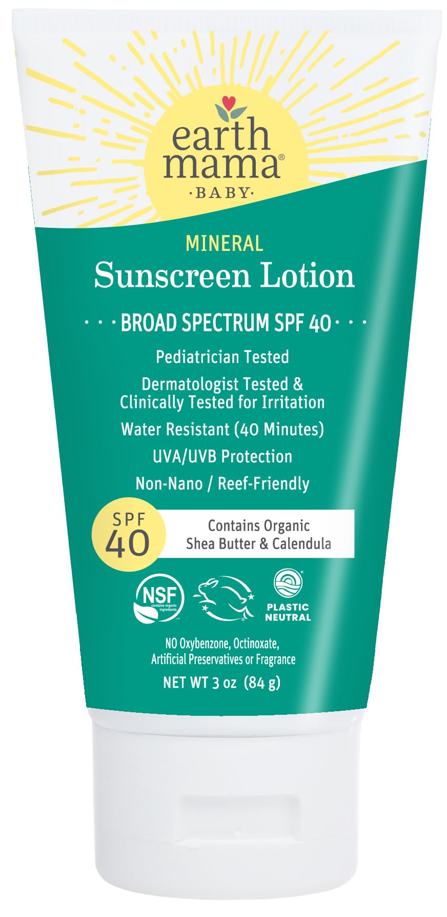 Earth Mama Baby Mineral Sunscreen Lotion SPF 40 bottle ready for outdoor protection.