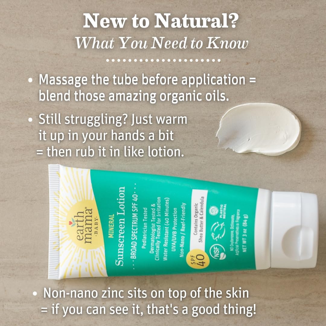 Earth Mama Baby Mineral Sunscreen Lotion SPF 40 label with ingredients.