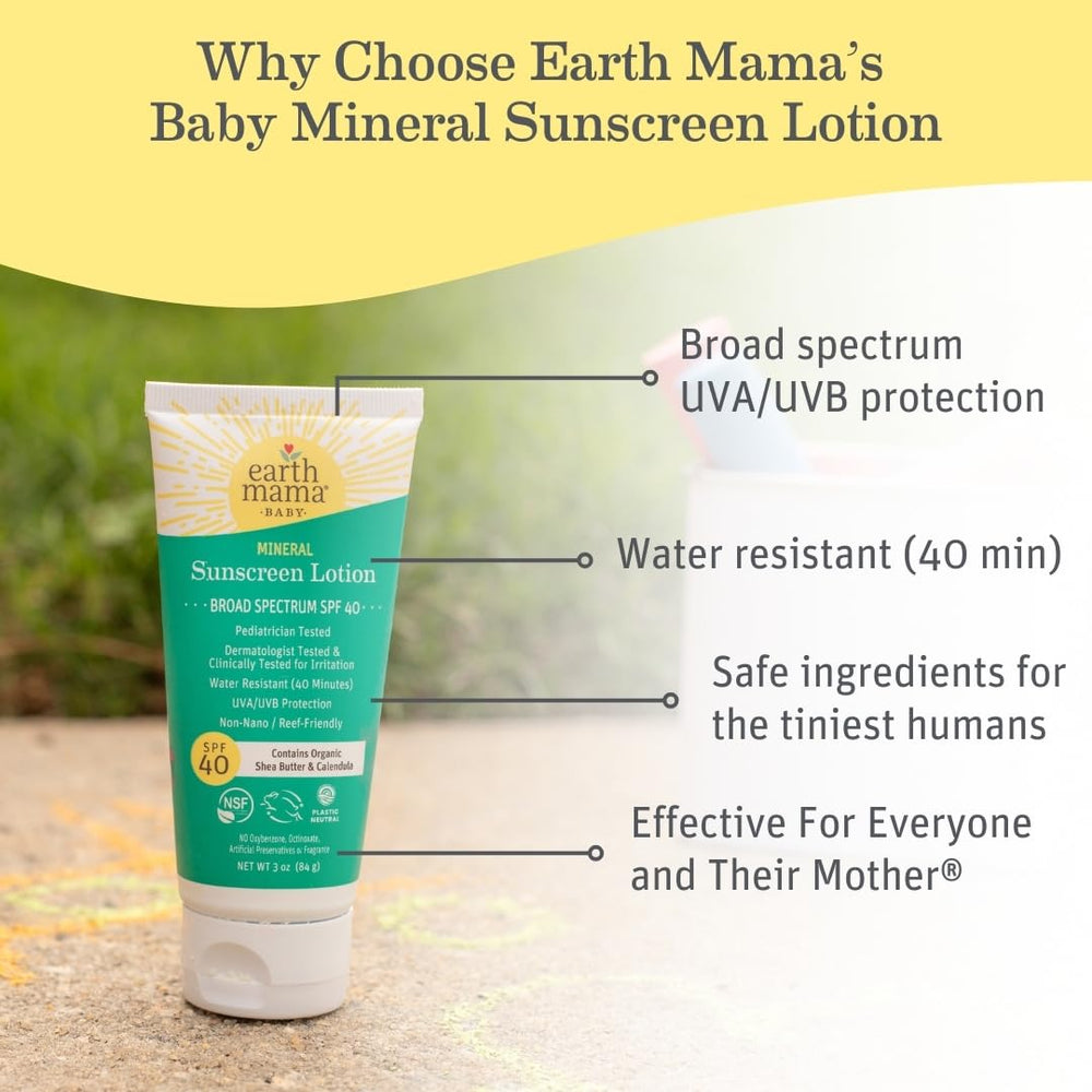Earth Mama Baby Mineral Sunscreen Lotion sun protection for delicate skin.
