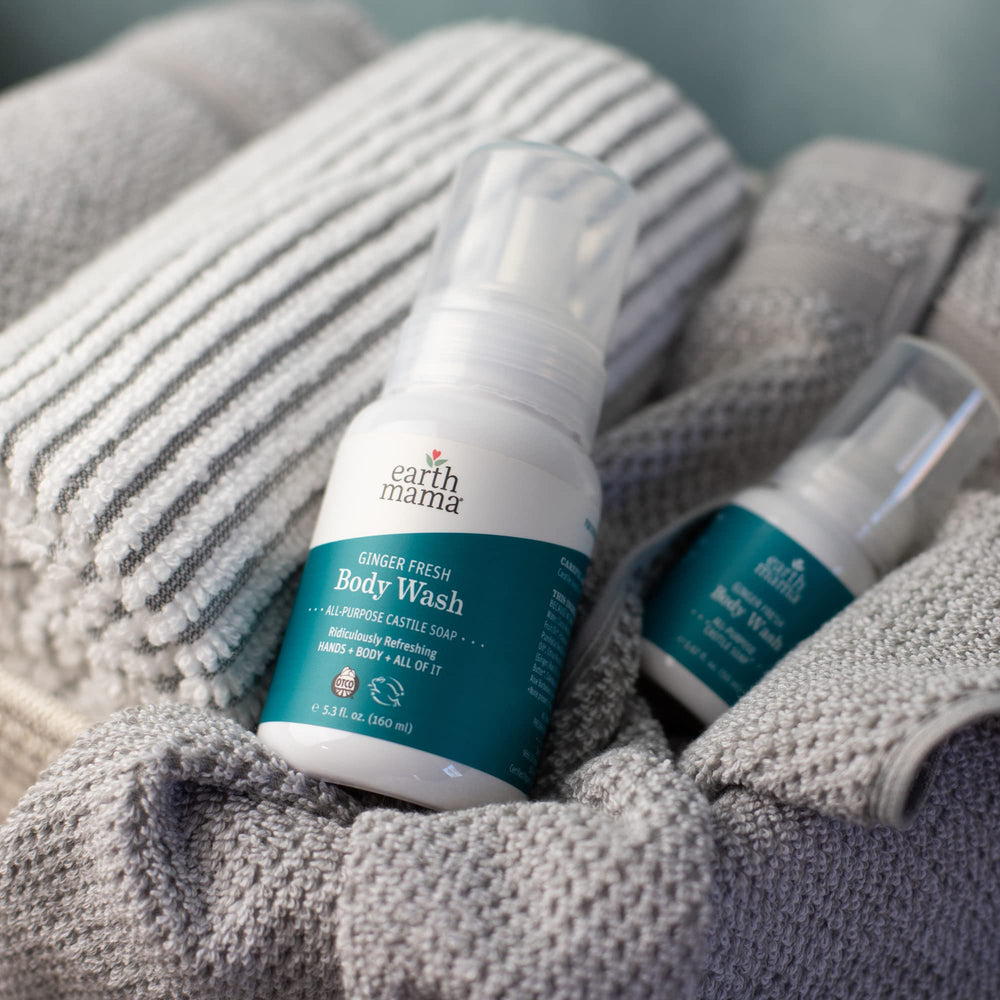 Earth Mama body wash with creamy lather; dermatologist-tested for irritation potential.
