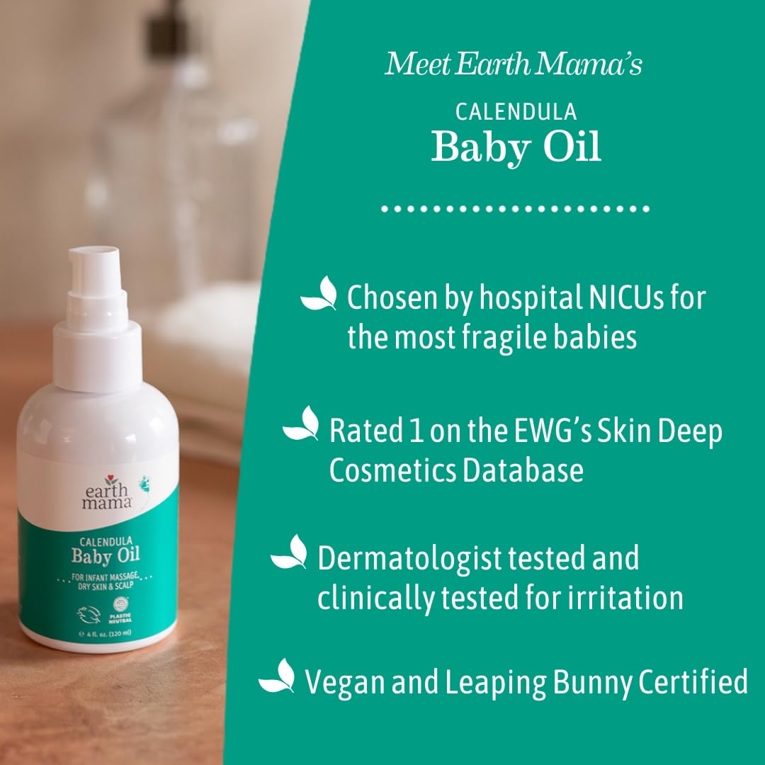 Earth Mama Calendula Baby Oil naturally unscented for sensitive skin.