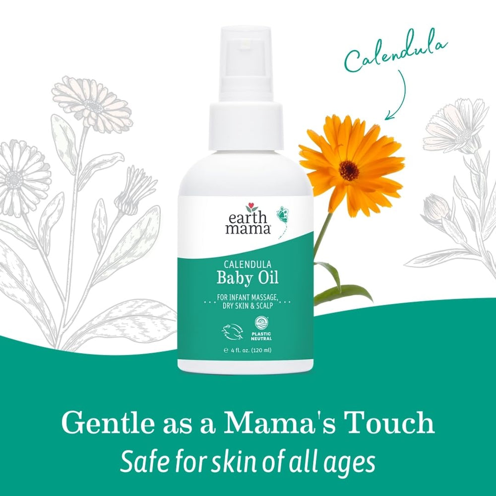 Earth Mama Calendula Baby Oil used on baby's scalp for gentle moisture.