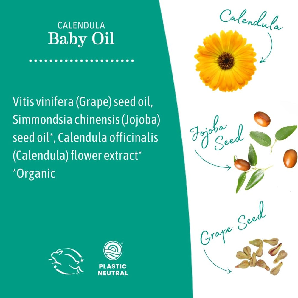 Earth Mama Calendula Baby Oil after bath routine on a baby's back.