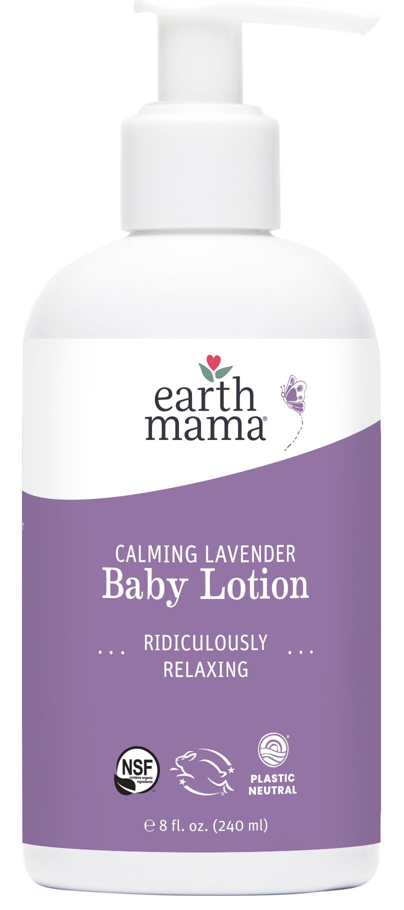 8oz packaging of Earth Mama Calming Lavender Baby Lotion ready for home use