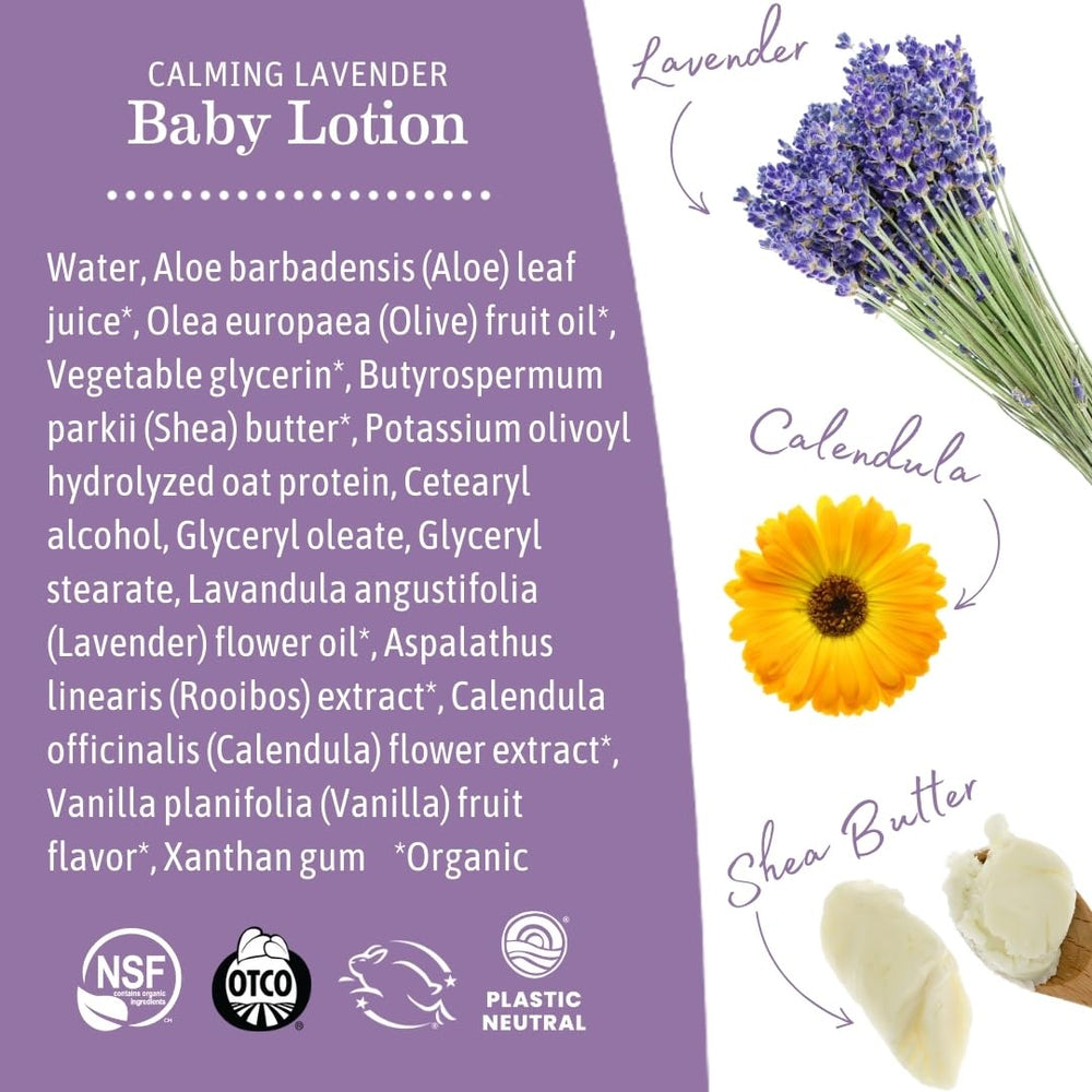 After-bath application of Earth Mama Calming Lavender Baby Lotion nurtures dry skin