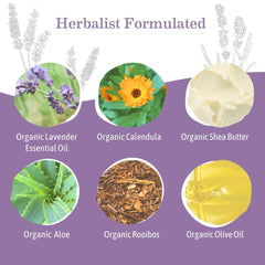 Ingredients list highlights calendula aloe and rooibos in Earth Mama lotion