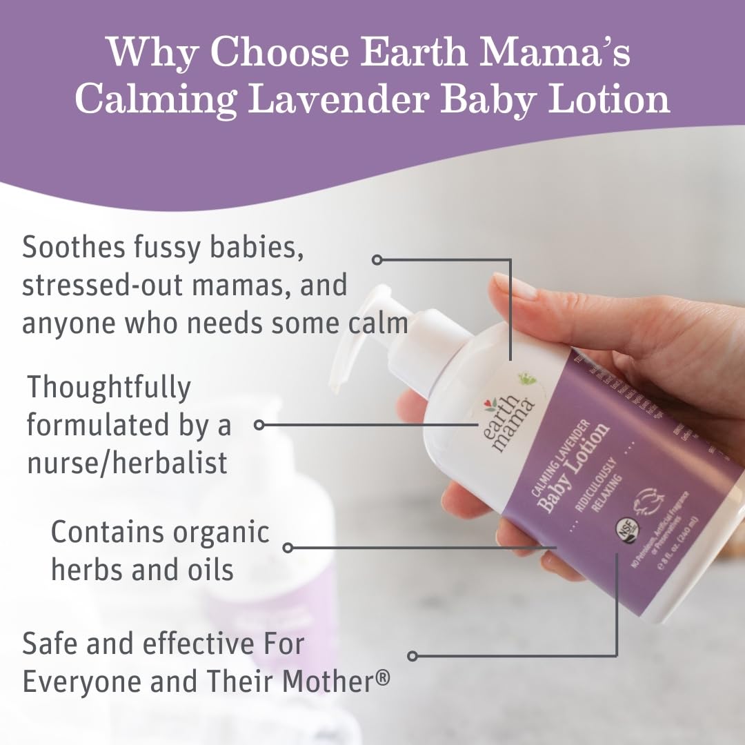 Earth Mama Calming Lavender Baby Lotion label front showing organic ingredients