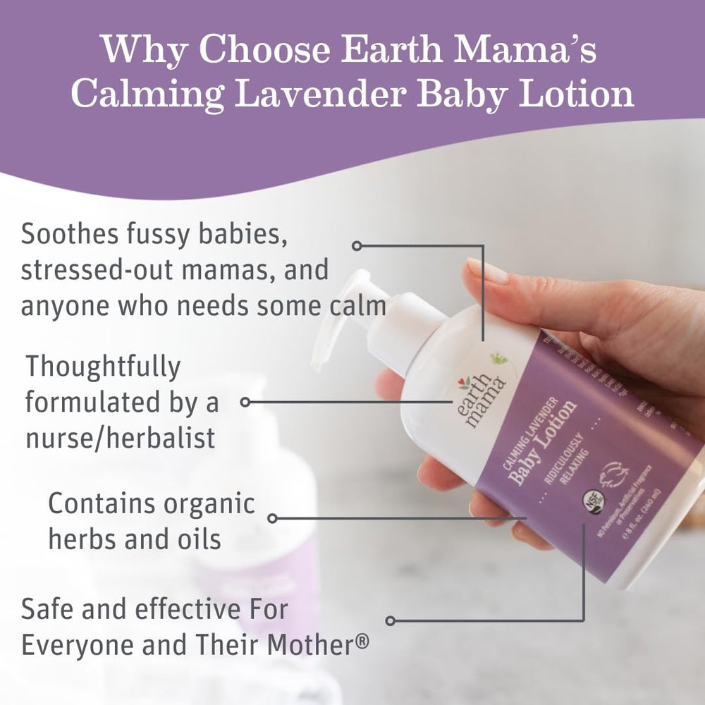 Earth Mama Calming Lavender Baby Lotion label front showing organic ingredients