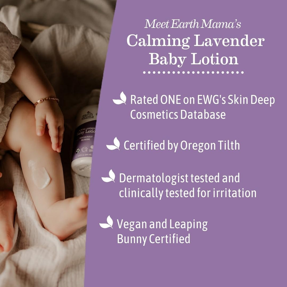 Lavender scent on Earth Mama lotion indicating comforting skin routine for babies