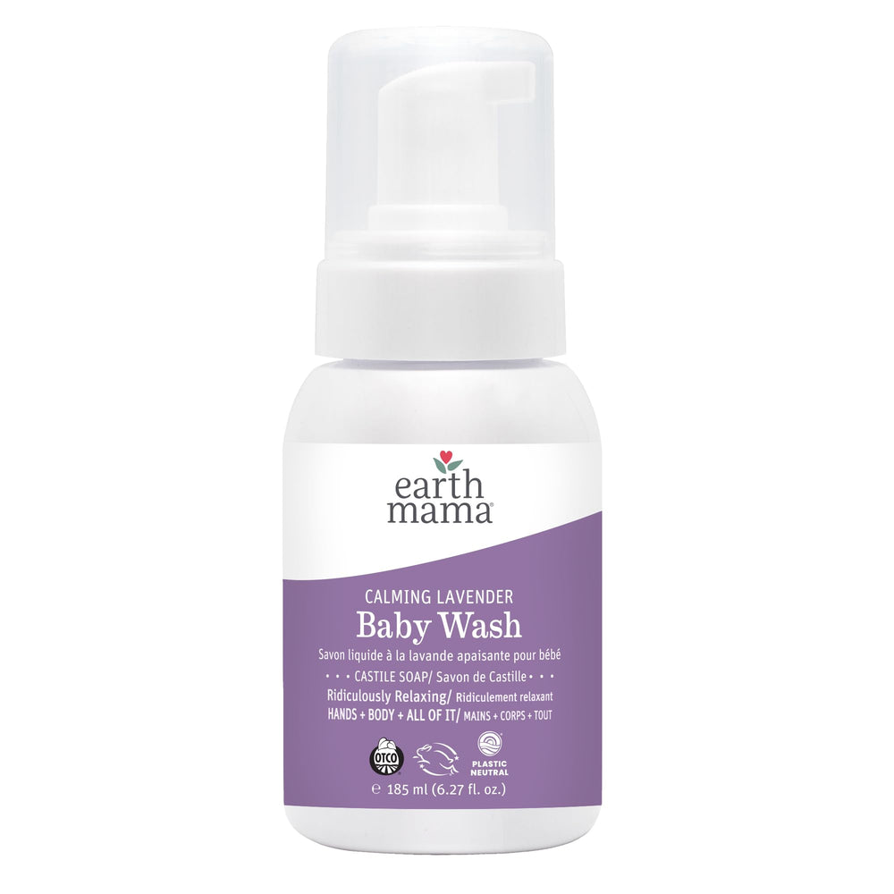 Earth Mama Calming Lavender Baby Wash bottle top view showing gentle, skin-friendly formula