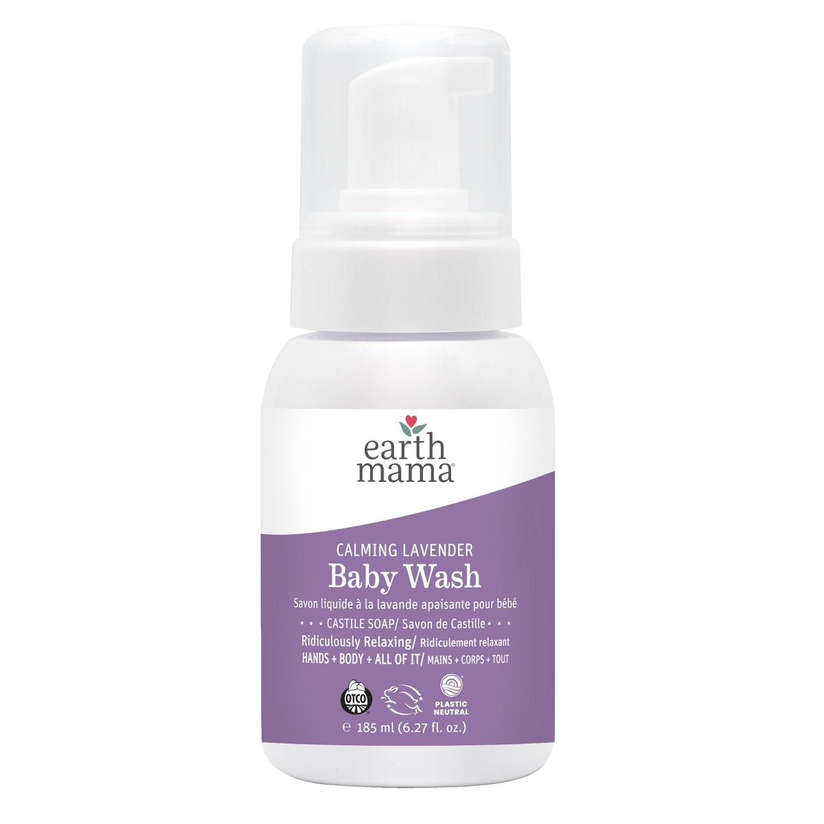 Earth Mama Calming Lavender Baby Wash bottle top view showing gentle, skin-friendly formula