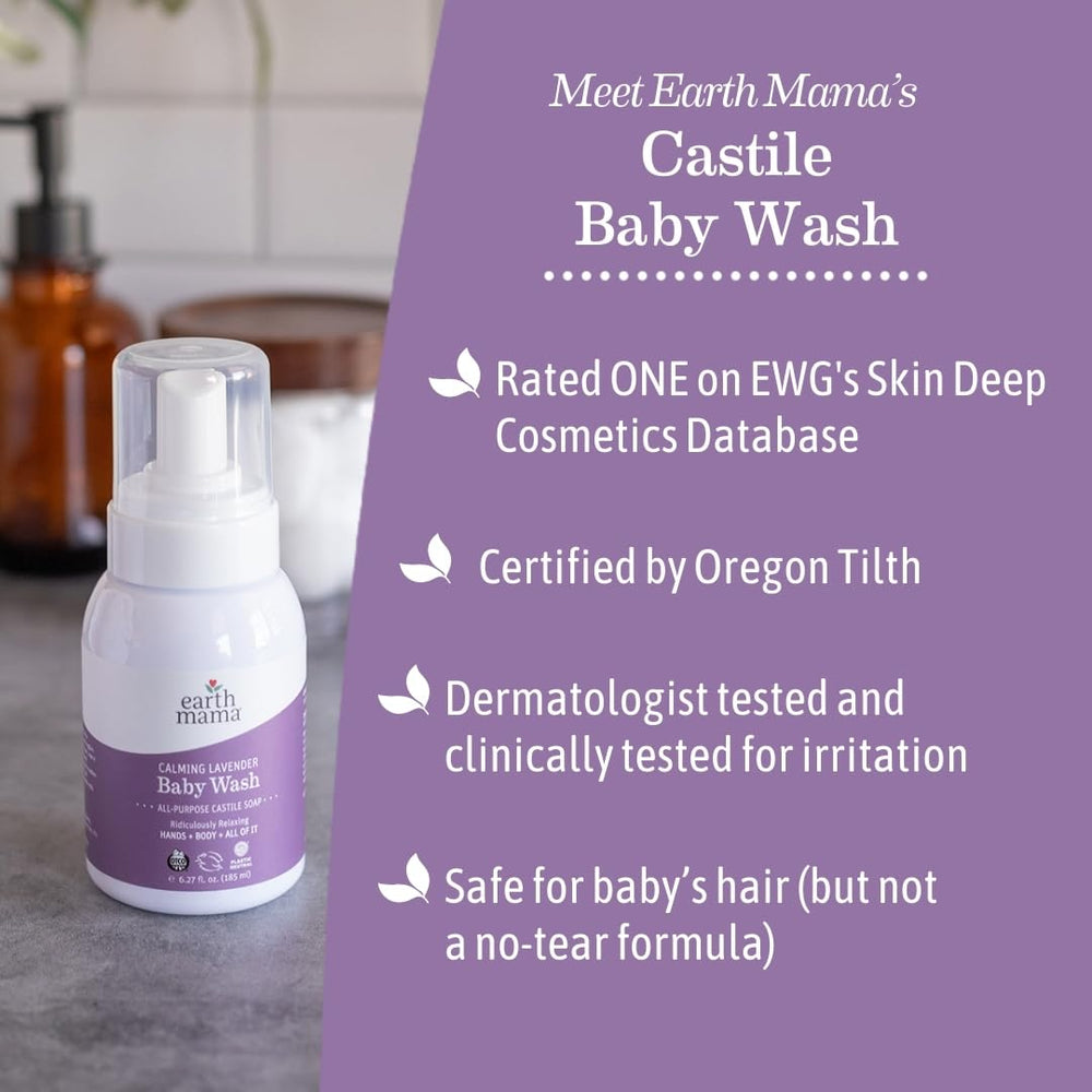 Earth Mama Calming Lavender Baby Wash bottle highlights rooibos and calendula ingredients