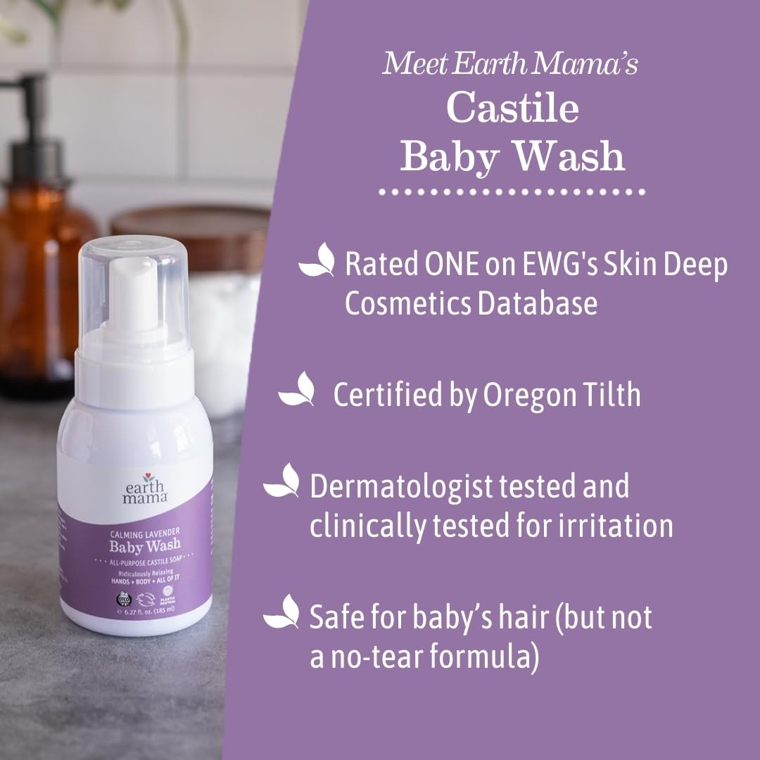 Earth Mama Calming Lavender Baby Wash label closeup emphasizes natural vanilla and orange scent