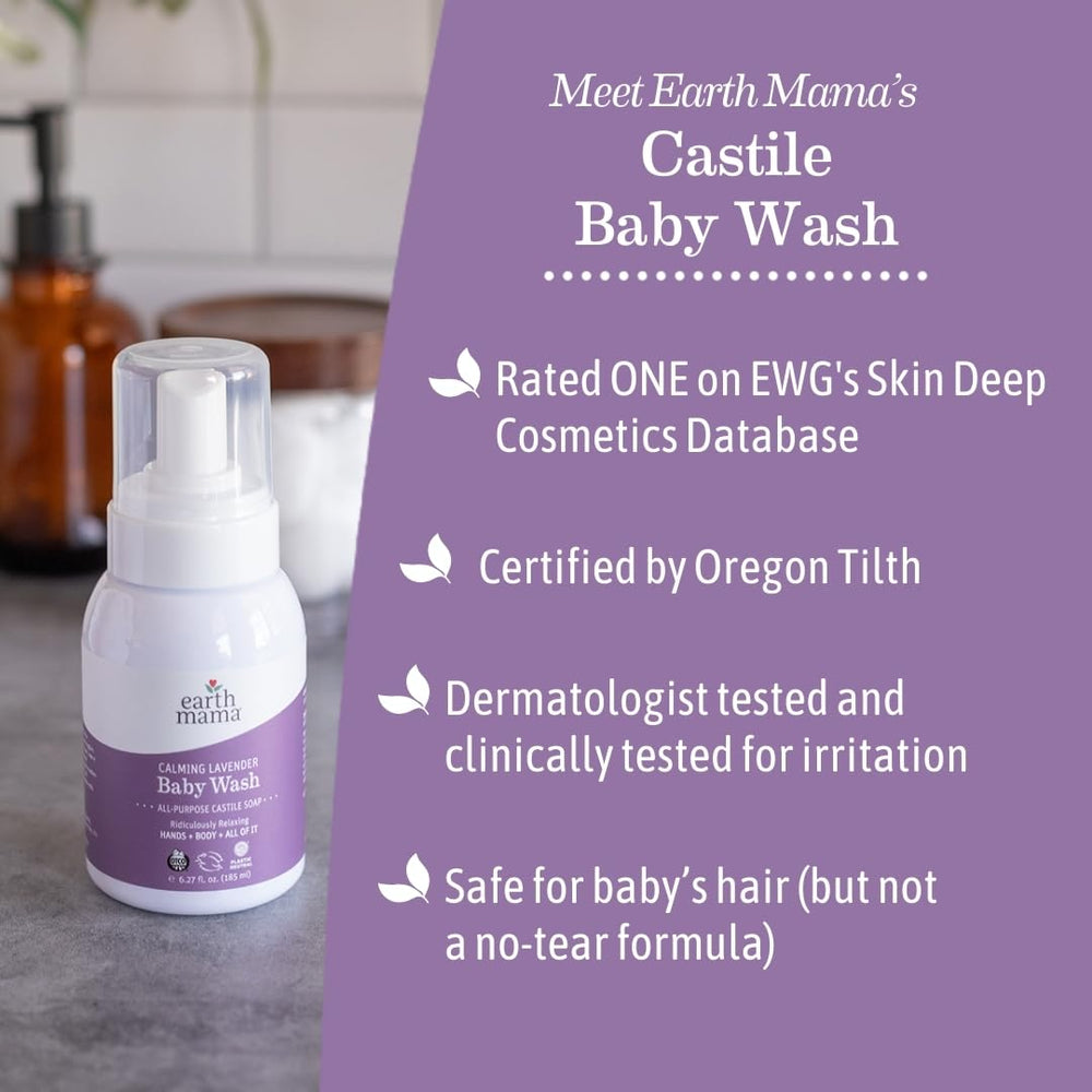 Earth Mama Calming Lavender Baby Wash label closeup emphasizes natural vanilla and orange scent