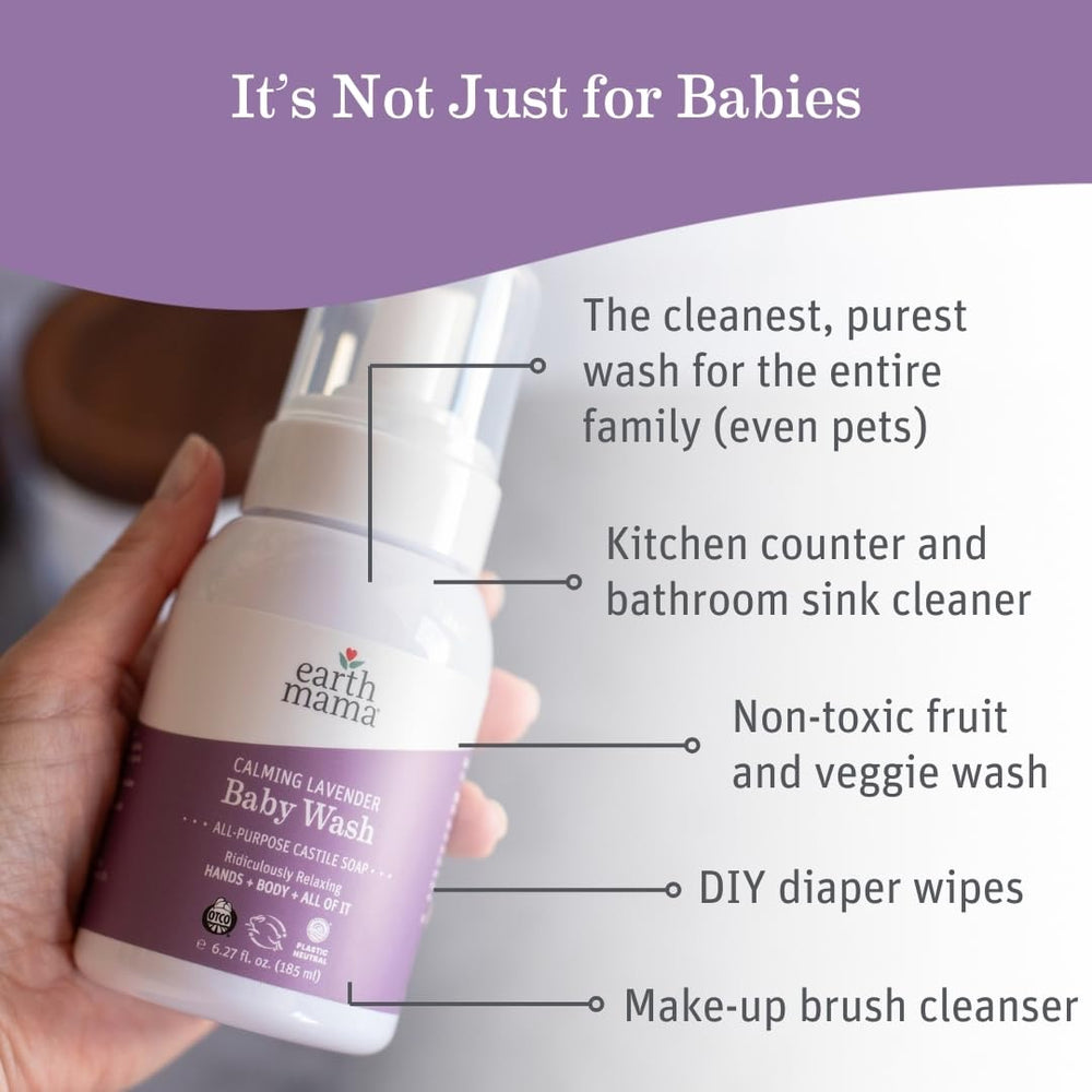 Earth Mama Calming Lavender Baby Wash pour demonstrates easy use during diaper-changing bath