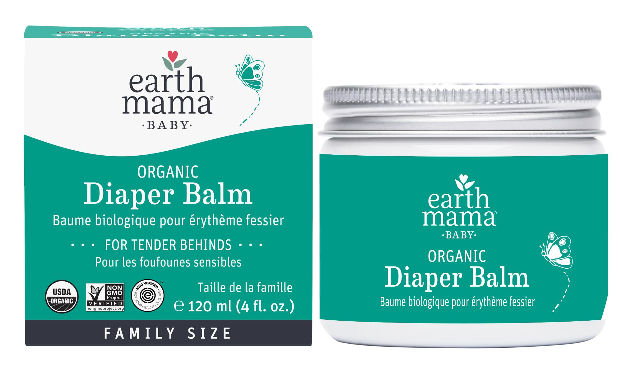 Earth Mama Diaper Balm jar close-up for gentle diaper area care.