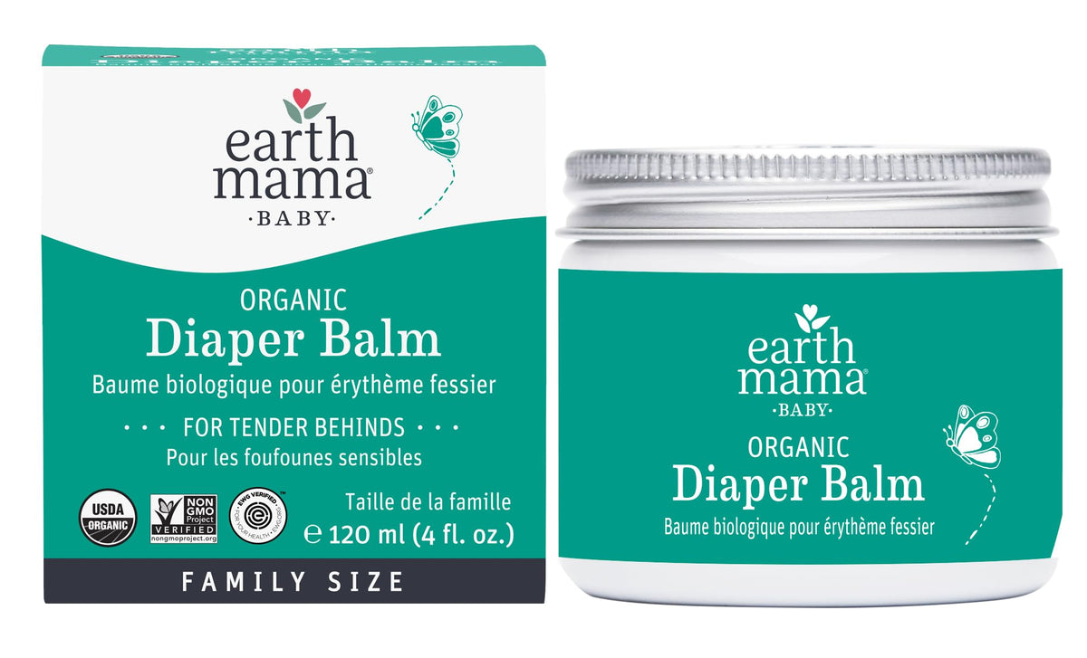 Earth Mama Diaper Balm jar close-up for gentle diaper area care.
