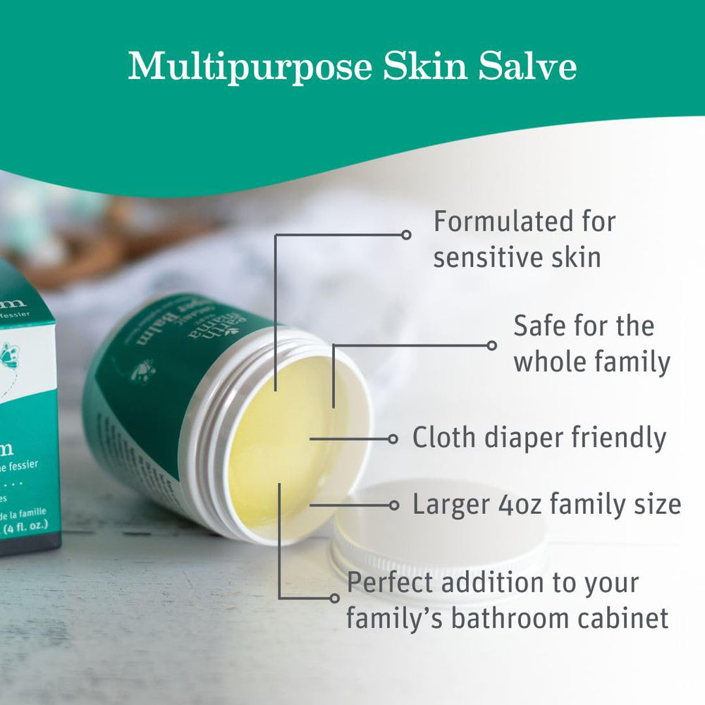 Earth Mama Diaper Balm tin close-up with soothing herbs.