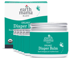 Earth Mama diaper balm tin front view showing zinc-free formula for sensitive baby skin.