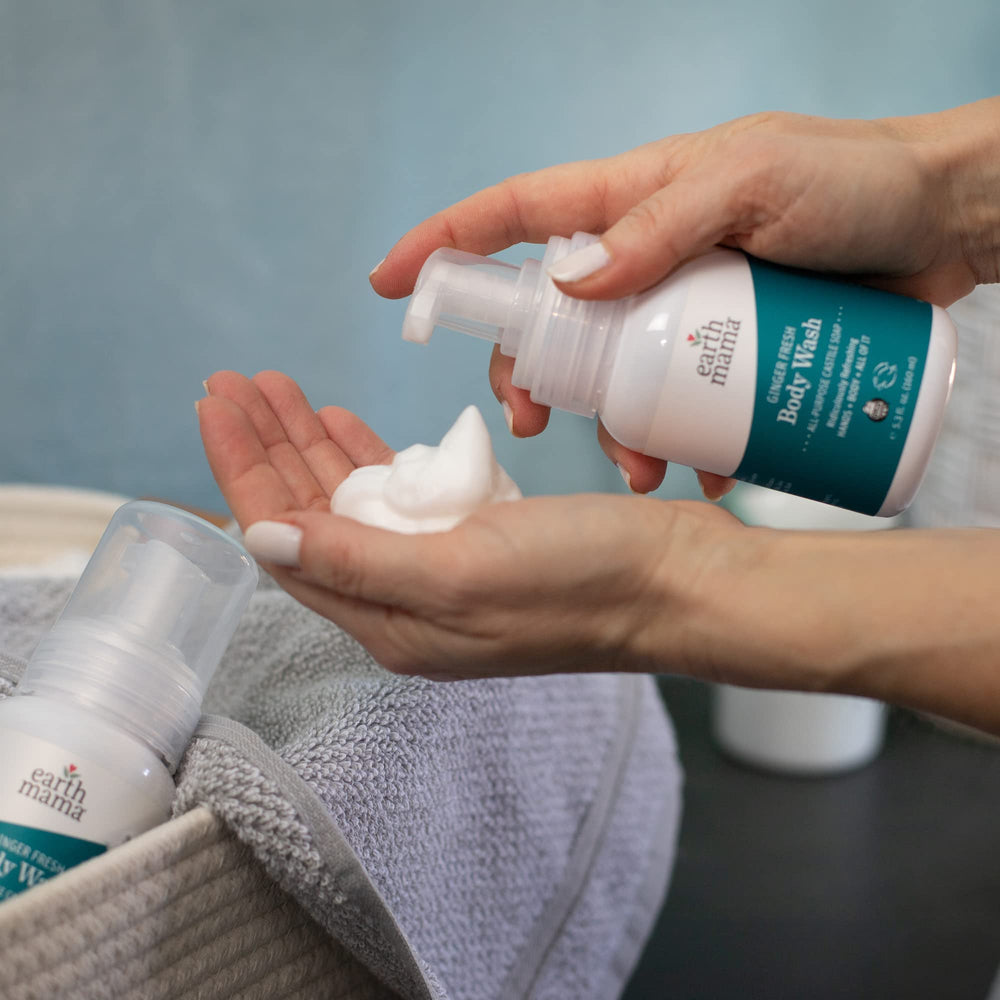 Earth Mama foaming hand soap close-up; rich lather and pump convenience.