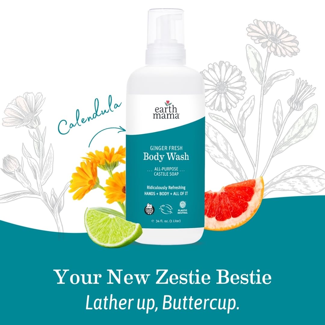Earth Mama Ginger Fresh body wash in a bathroom setting for family use