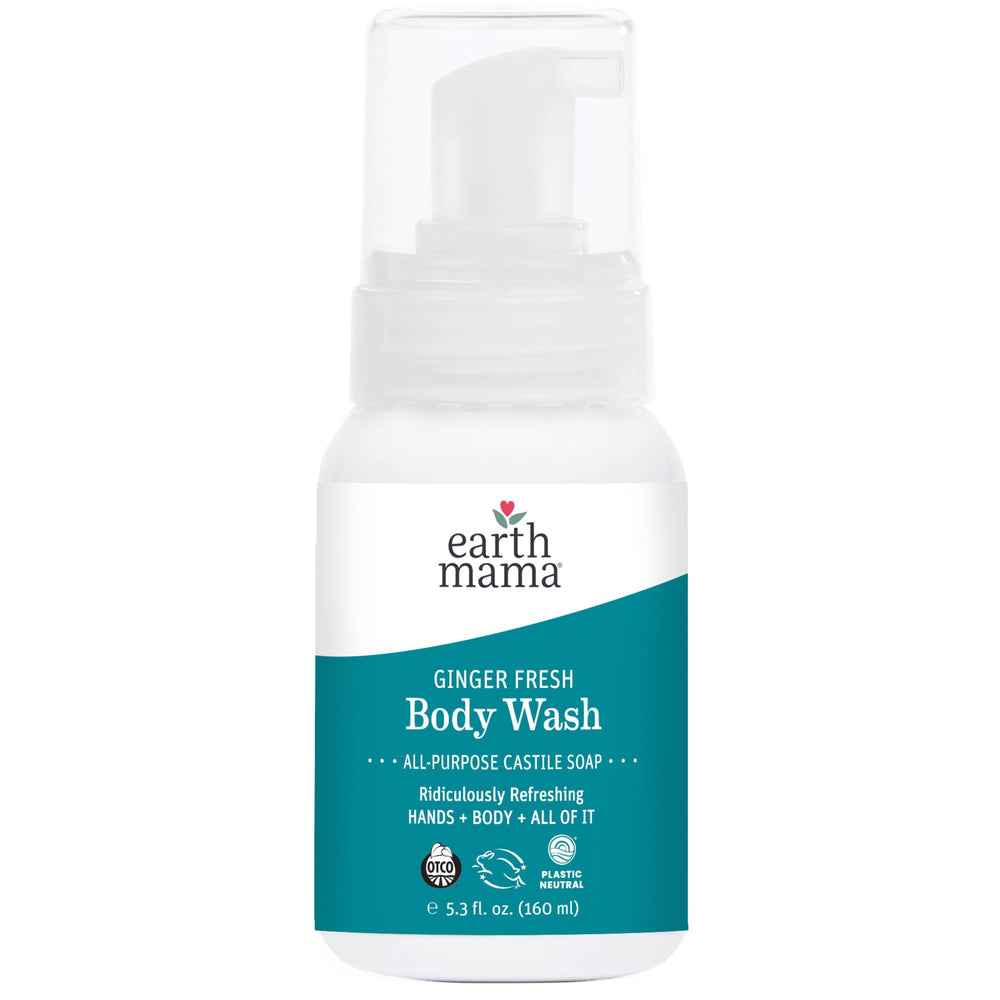 Earth Mama Ginger Fresh foaming hand soap bottle; gentle cleansing for sensitive skin.
