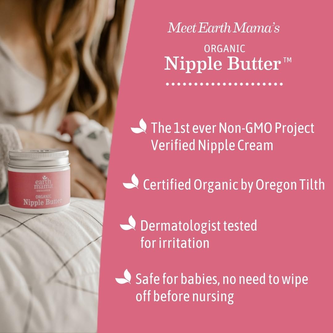 Earth Mama Nipple Butter lanolin-free label signals suitability for sensitive skin.
