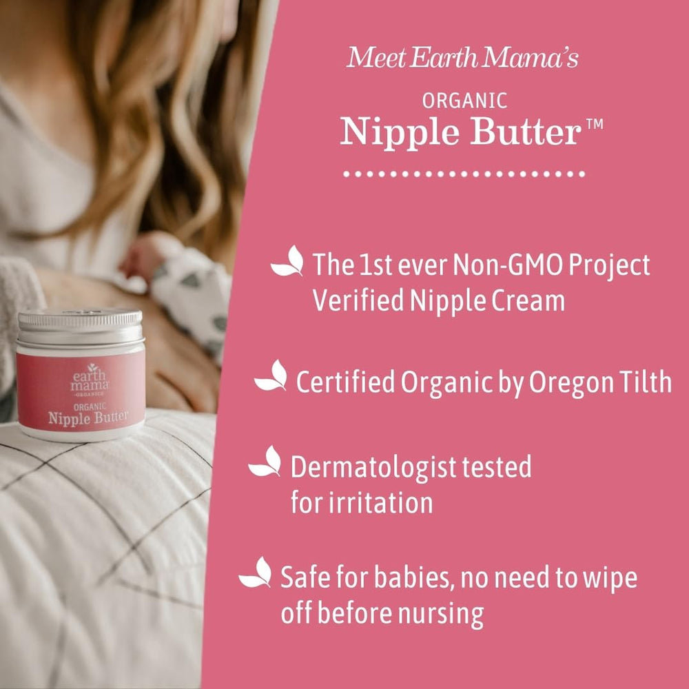 Earth Mama Nipple Butter lanolin-free label signals suitability for sensitive skin.
