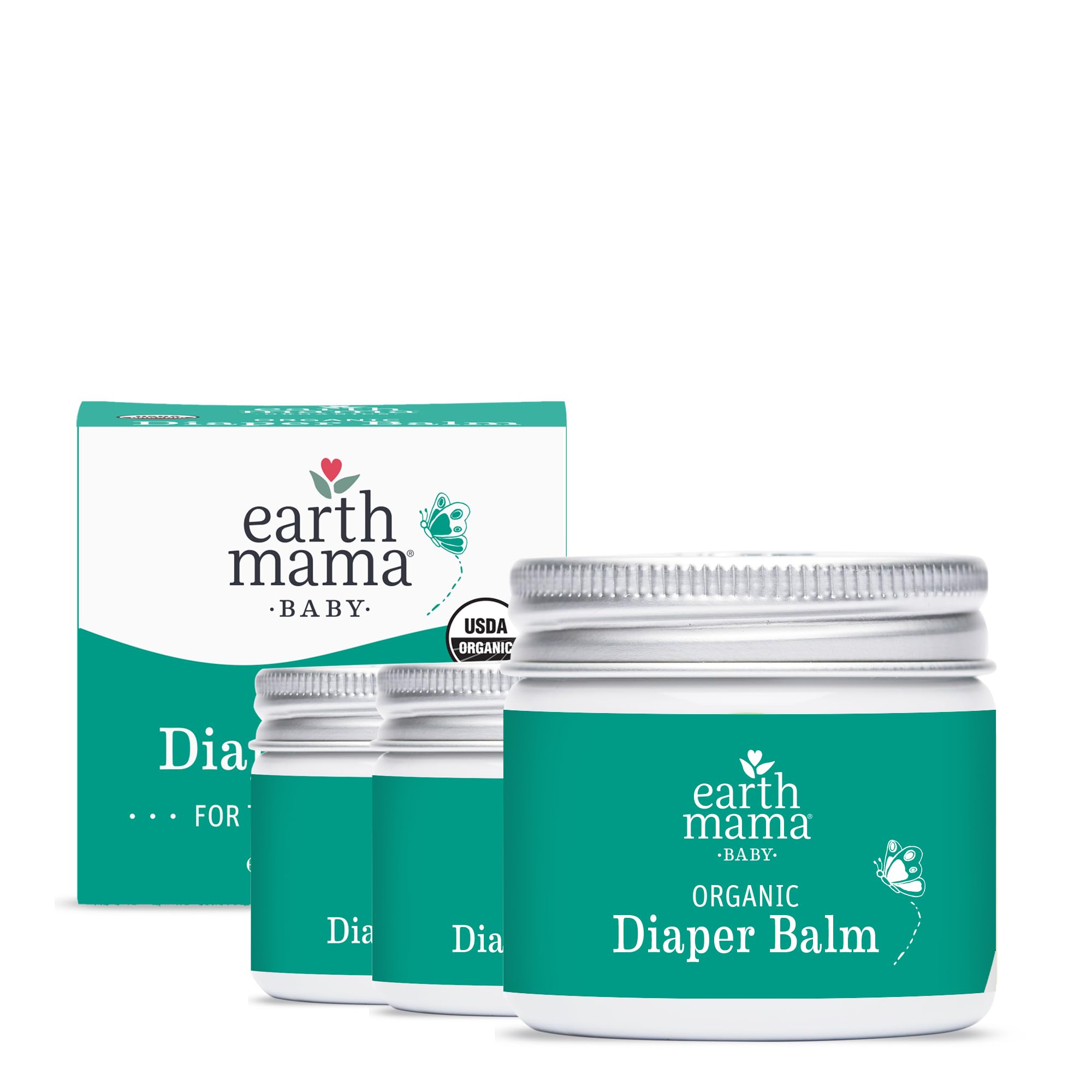 Earth Mama Organic Diaper Balm 2oz jar front, calendula-infused soothing for baby's diaper area.
