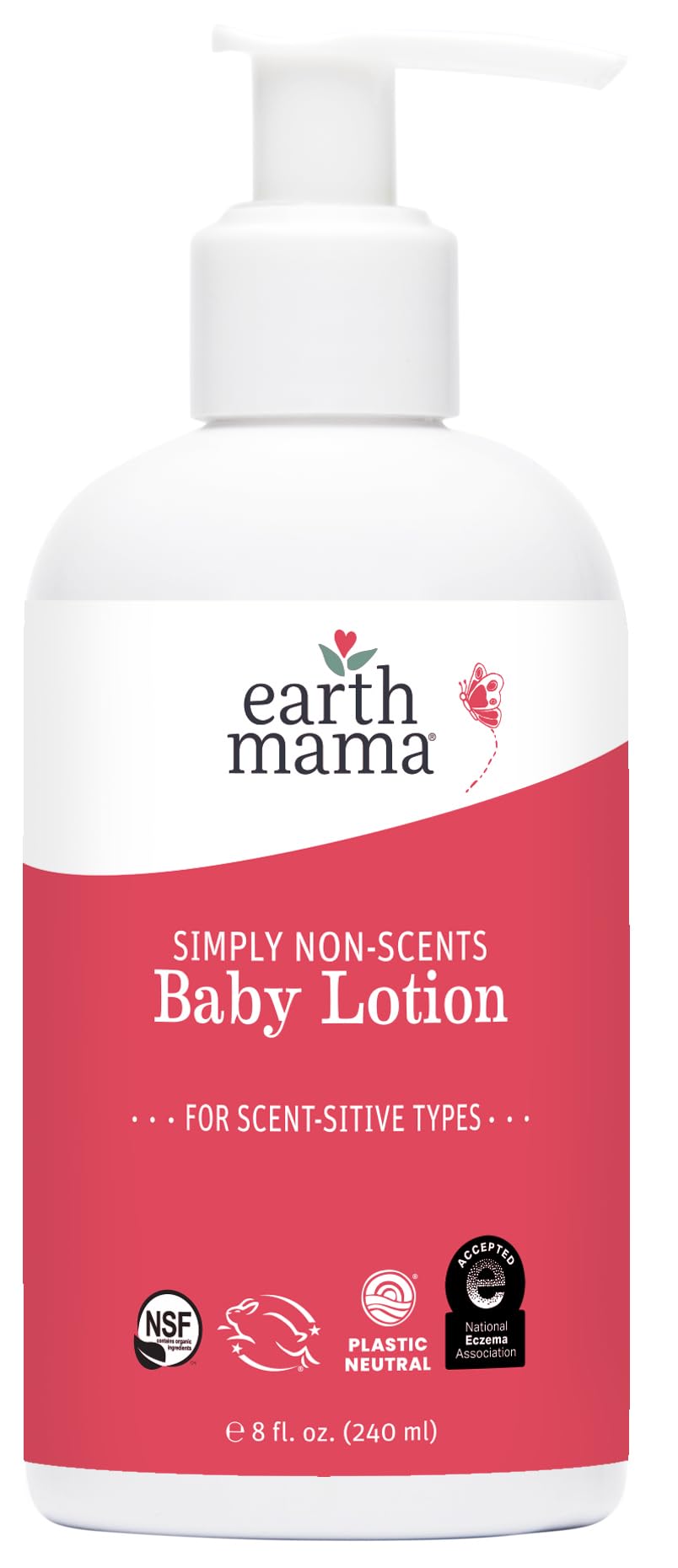 Earth Mama Simply Non-Scents Baby Lotion bottle provides fragrance-free hydration for sensitive skin.