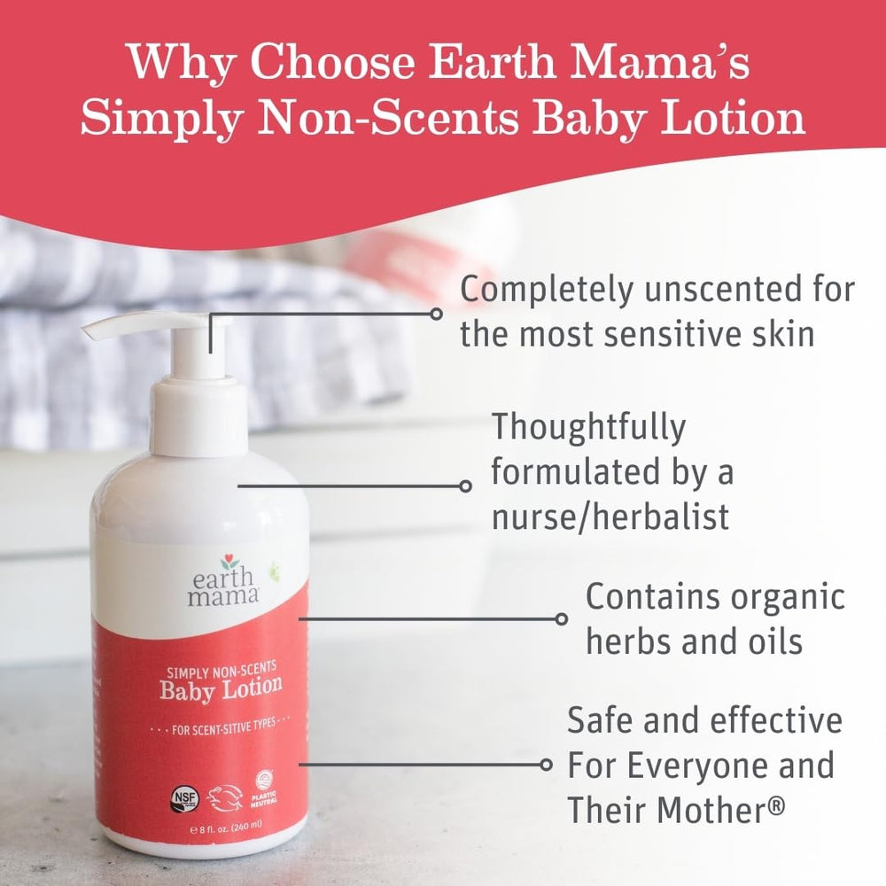 Earth Mama Simply Non-Scents lotion label highlights calendula and rooibos for gentle care.