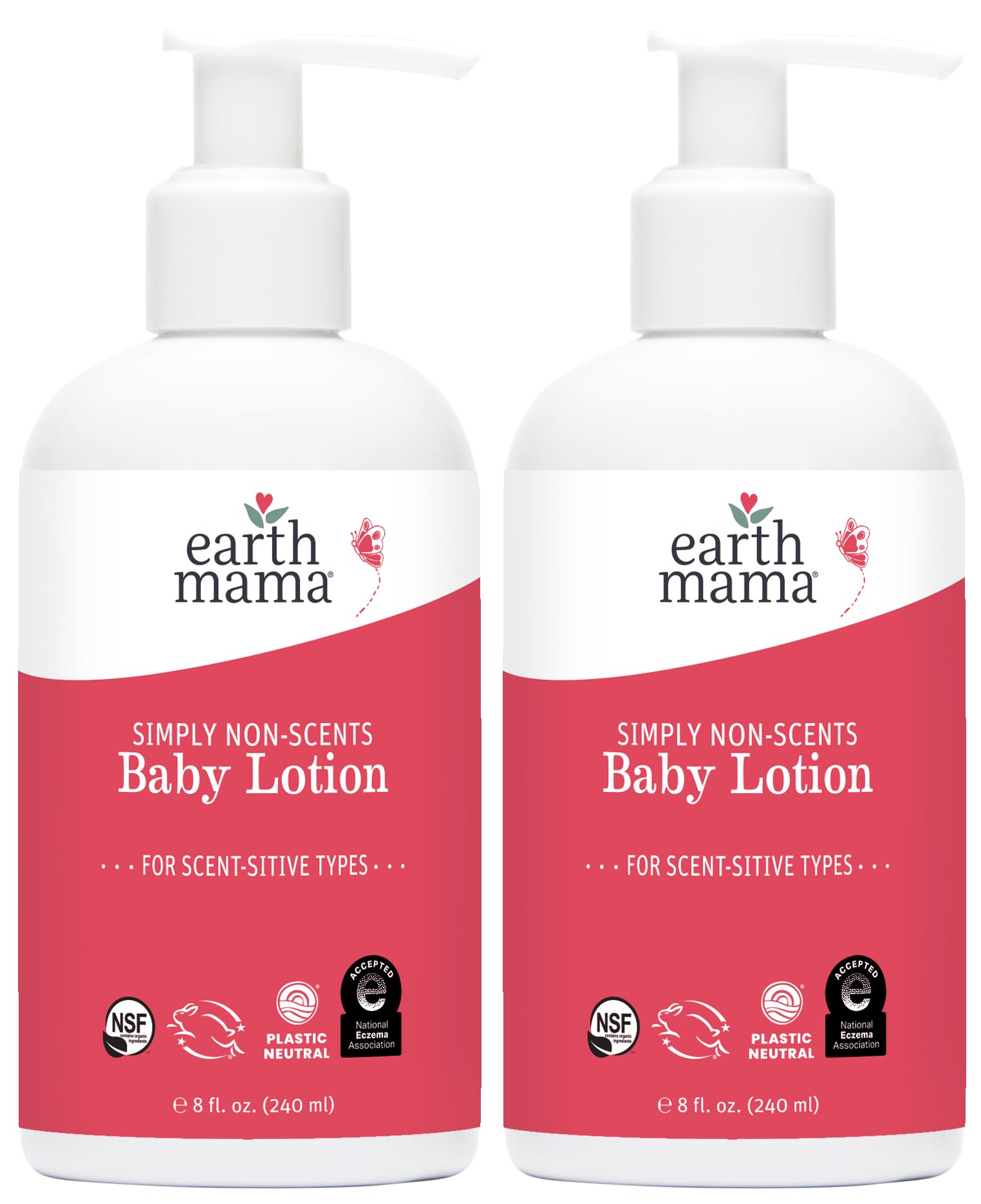 Earth Mama Simply Non-Scents baby lotion bottle highlights fragrance-free care for sensitive skin.