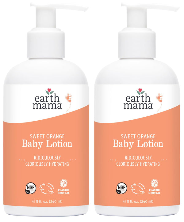 Earth Mama Sweet Orange Baby Lotion bottle front for gentle daily hydration
