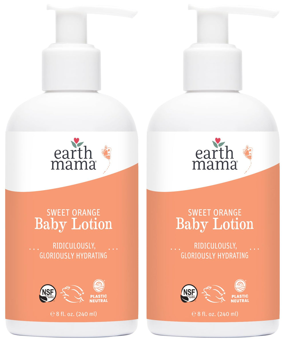 Earth Mama Sweet Orange Baby Lotion bottle front for gentle daily hydration