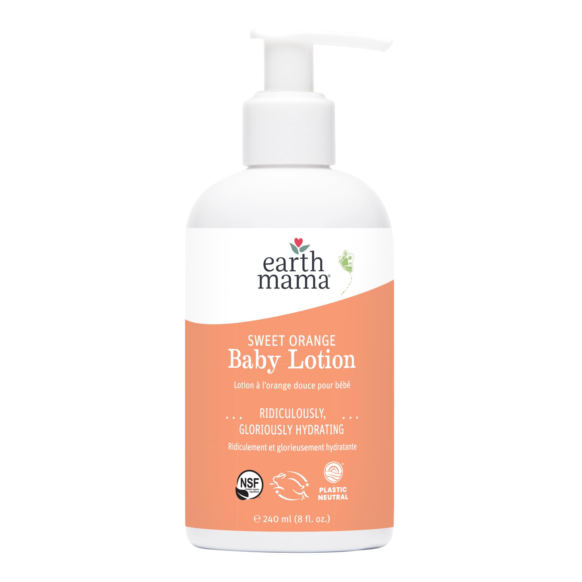 Earth Mama Sweet Orange Baby Lotion bottle front view shows gentle hydration for babies.