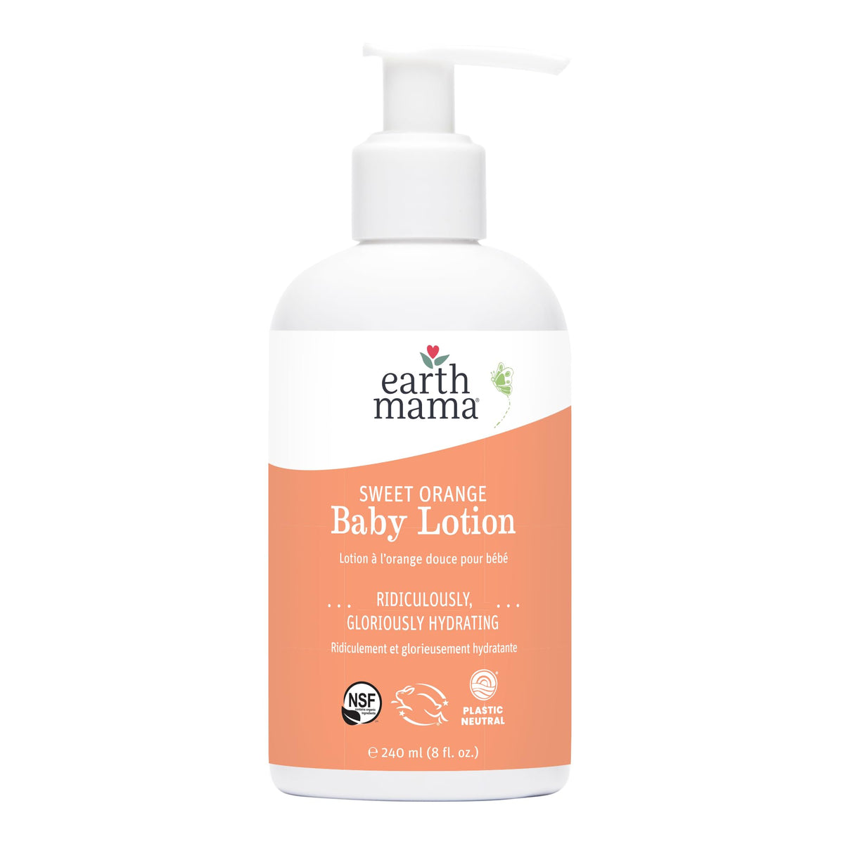 Earth Mama Sweet Orange Baby Lotion bottle front view shows gentle hydration for babies.