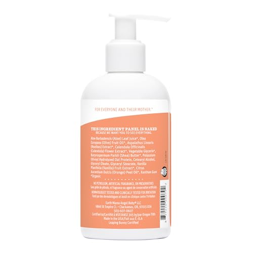 Certifications icons on Earth Mama Sweet Orange Baby Lotion packaging.
