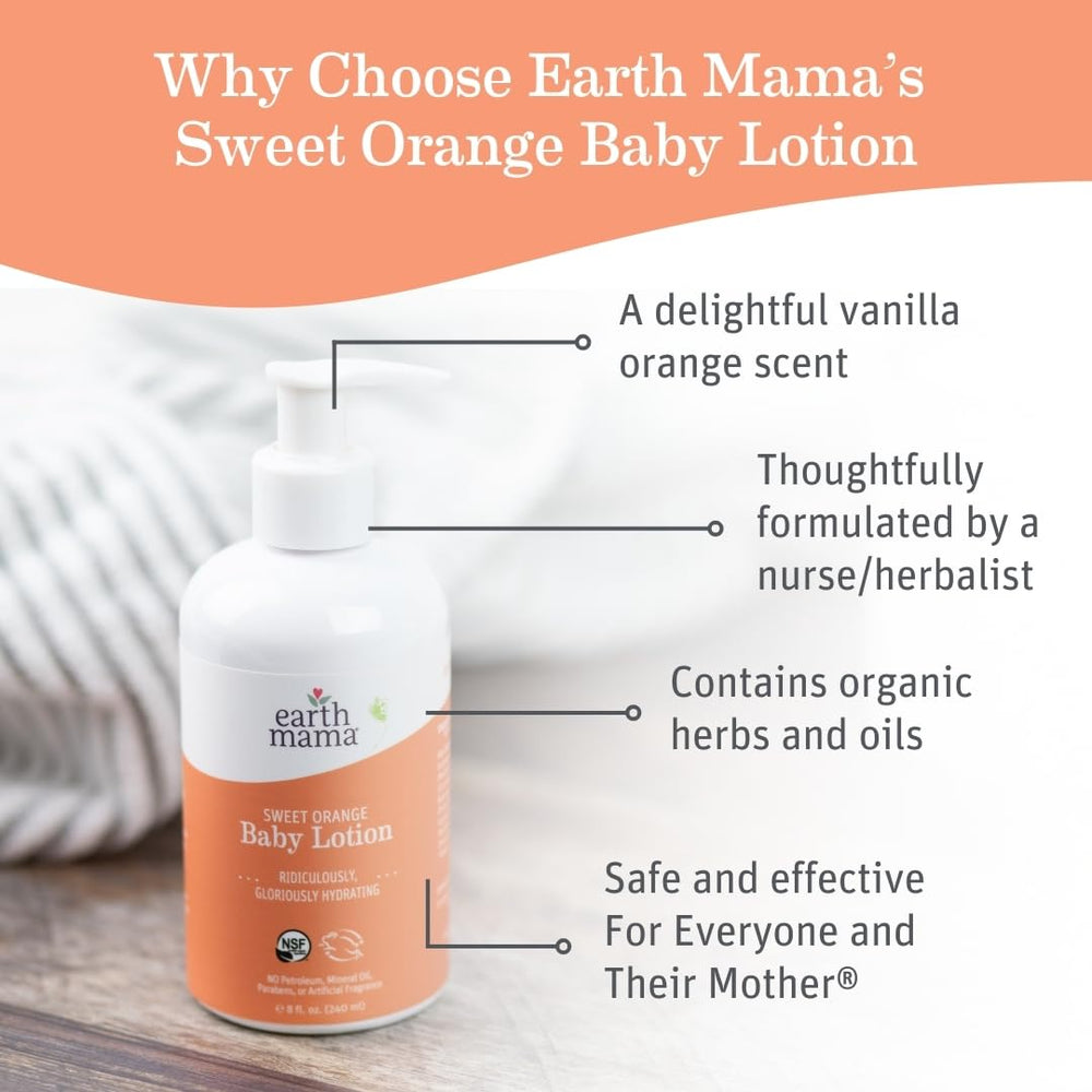 Pump bottle of Earth Mama Sweet Orange Baby Lotion for easy daily use.